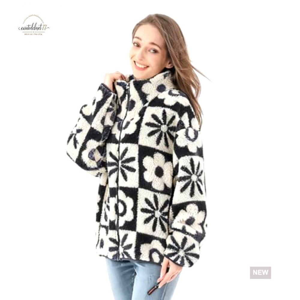 Floral Print Sherpa Fleece Cropped Jacket Long Sleeve Winter Outerwear - Picture 2 of 5